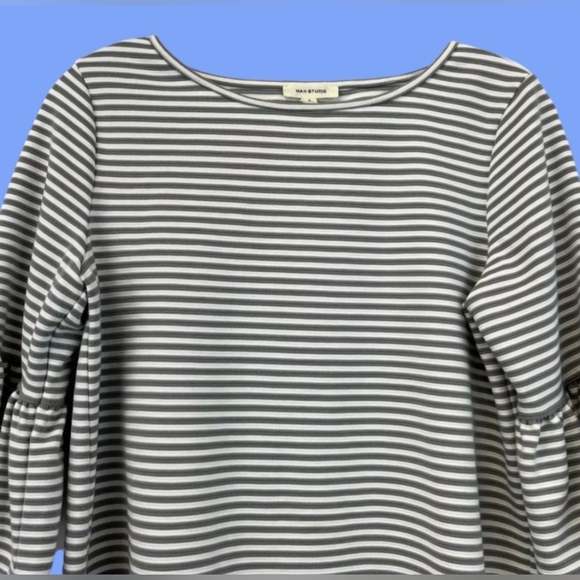 MAX STUDIO 3/4 BELL SLEEVE PULLOVER TOP GRAY/WHITE STRIPE WOMEN'S SZ. SM - Picture 2 of 9